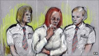 An artist's image of Rebecca Leighton in the dock