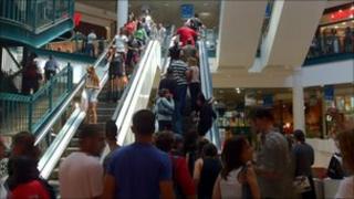 Crowded escalator in Jerusalem Mall.