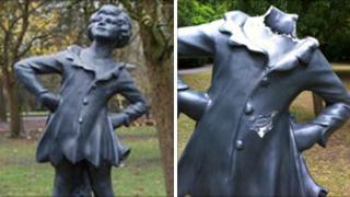 Statue before and after vandalism