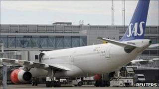 An SAS Airbus 330 plane is parked at a gate at Arlanda airport in Sweden on Tuesday, after a mouse was found on board