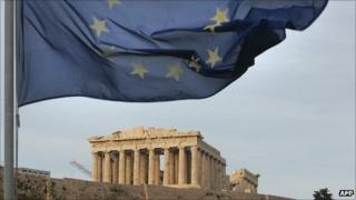 The European Union flag is seen waving above the Parthenon on Athen's Acropolis hill in 2005