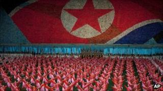 North Korean women dance in the May Day stadium in Pyongyang