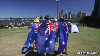 A group wear flags in Sydney on Australia Day, 2008