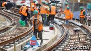 Workers on the new tram line in Edinburgh