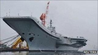 China's first aircraft carrier, pictured in Dalian on 27 July 2011