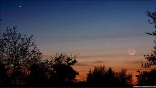 Venus, Mercury and a crescent Moon, taken from Killygordon, Co. Donegal, Ireland in April 2010