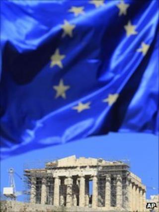EU flag flying in front of the Parthenon in Athens