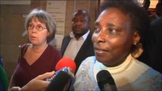 Agathe Habyarimana outside court in Paris, 28 September