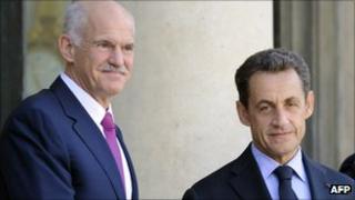 Greek Prime Minister George Papandreou (left) meets French President Nicolas Sarkozy in Paris, 30 September