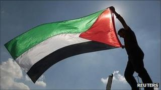 Palestinian flag at protest near Erez crossing between Israel and northern Gaza Strip. 5 Oct 2011