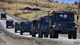 Turkish army convoy on a road in the province of Sirnak, near the Turkish-Iraqi border