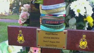 The grave of Royal Marine, Adam Brown at Heathlands Cemetery, Yateley
