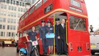 RAF personnel on a Route master bus