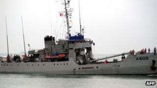 A Nigerian navy ship takes part in a counter-piracy patrol off Benin on 28 September 2011