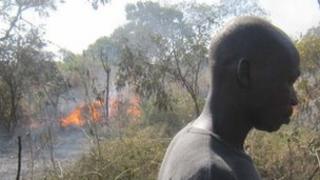 A fire at Yida camp after it was bombed on 10 November