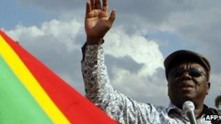 Zimbabwean Prime Minister Morgan Tsvangirai delivers a speech during a rally of his Movement for Democratic Change (MDC) party on 20 November 2011 at Chibuku Stadium in Chitungwiza