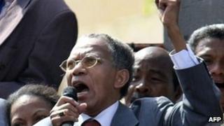 Madagascar's former President Didier Ratsiraka makes an address soon after he returned home to Antananarivo, Madagascar's capital, on 24 November 2011