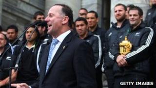 Prime Minister John Key speaks at a Rugby World Cup celebration on 26 October 2011