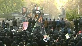 TV grab of Iran protest at British embassy in Tehran (Nov 2011)