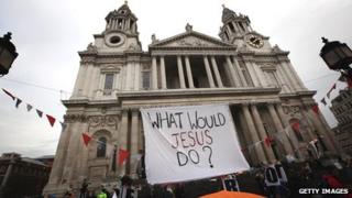 WWJD banner at the Occupy London Stock Exchange protest
