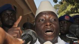 The Gambia's President Yahya Jammeh speaks to journalists on 24 November 2011