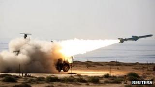 Launch of the shore-to-sea Qader missile by Iran's navy in southern Iran on 2 January 2012