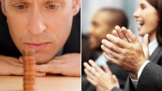 Man looking at change, business executives clapping