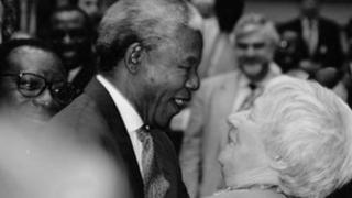 Janey Buchan greeting Nelson Mandela at the European Parliament