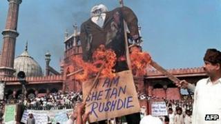 File picture taken on 19 February 1999 Indian Muslims burn an effigy of Indian-born British author Salman Rushdie.