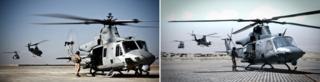 A flight from USMC ‘Scarface’ squadron takes off from Camp Bastion for close air support mission over Helmand province, Afghanistan by John Cantlie (left) Still from the game Arma 2 (right)
