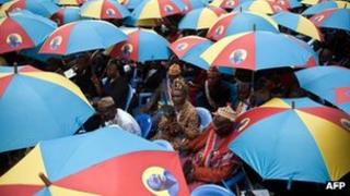 Traditional leaders attend the investiture ceremony for Democratic Republic of the Congo President Joseph Kabila in Kinshasa on 20 December, 2011.