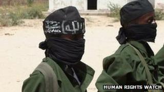 Children recruited by the armed Islamist group al-Shabaab, at a training camp in the Afgooye Corridor, west of Mogadishu, southern Somalia, in February 2011.