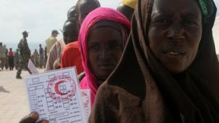 Women queue for Turkish Red Crescent aid using their Red Crescent IDs