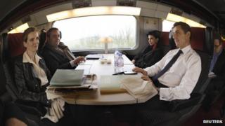 Nicolas Sarkozy (R), Rachida Dati (2nd R) and others en route to Lille, 23 February