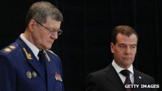 Russian Prosecutor General Yuri Chaika (L) with President Dmitry Medvedev