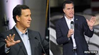 Rick Santorum and Mitt Romney campaigning on 29 February 2012