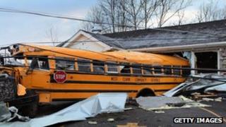 A school bus propelled into a building in Henryville, Indiana
