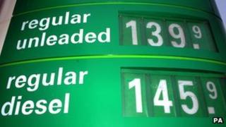 Petrol on sale at a BP garage in St John's Wood, London