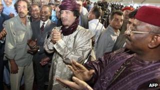 Ex-Libyan leader Muammar Gaddafi (C) at a ceremony in 2009 attended by Tuareg groups from Libya, Mali and Niger