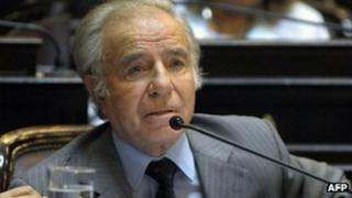 Carlos Menem, speaks at the Senate in Buenos Aires on July 17, 2008