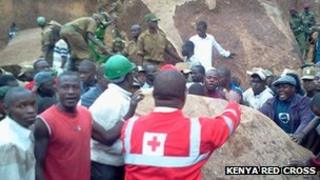 The rescue effort in Mathare where boulders had crashed into houses - as photographed by the Kenya Red Cross