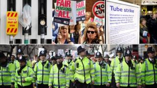 Petrol forecourt, public sector strike, London underground strike, police.