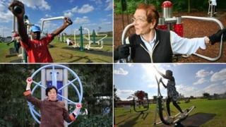 Montage of four images featuring adults using outdoor gym equipment