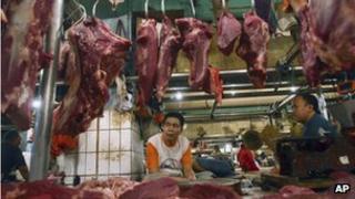 A beef stall in Jakarta, Indonesia, Thursday, April 26, 2012.