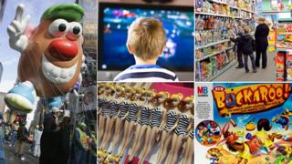 (From top, clockwise) Child watching TV, Potato Head balloon, children in toy shop, Buckaroo board game, Barbie dolls.