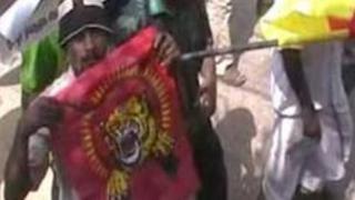 Flag associated with the defeated Tamil Tigers at Tuesday's rally