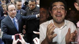 Francois Hollande and Alexis Tsipras (R) on 6 May 2012