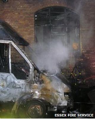 Burnt out van outside CoExist Gallery, Southend-on-Sea