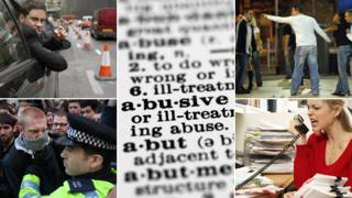 From top left, clockwise: Angry man in car, dictionary entry for "abusive", Man being abusive, woman shouting at phone, student confronted by policeman