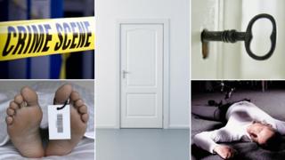 (clockwise) crime scene tape, locked white door, key in lock, man lying on floor, pair of feet with toe tag attached